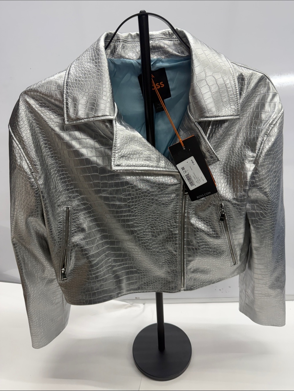 Hugo Boss Metallic Silver Croc-Embossed Moto Jacket - Women's